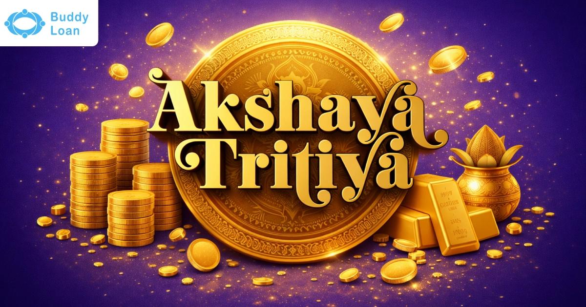 Akshaya Tritiya gold coins, bars, and Kalash on purple.