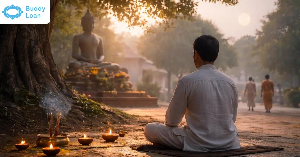 Man meditating before Buddha statue at sunset.