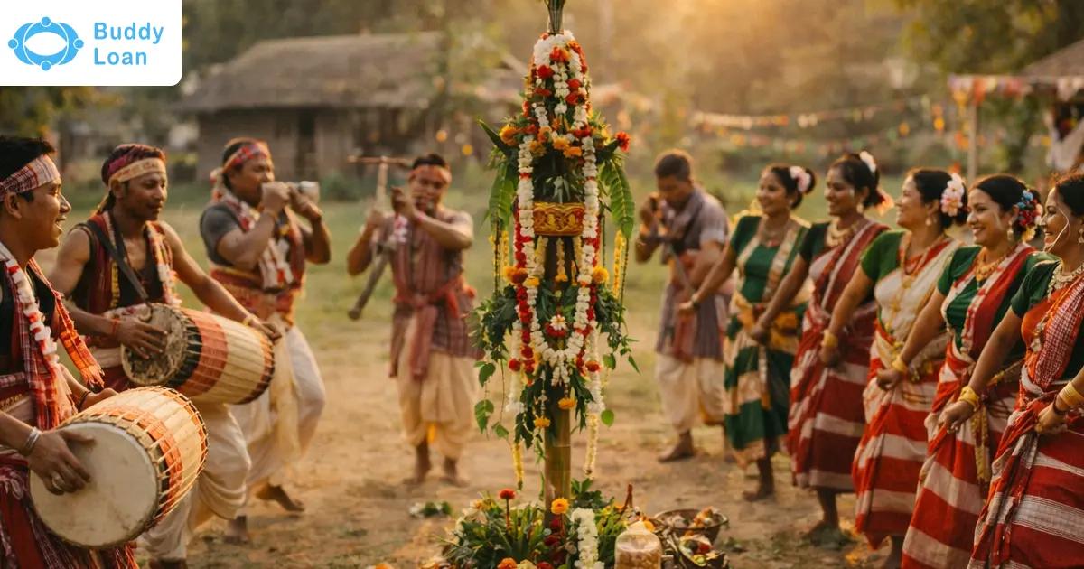 Garia Puja 2026 celebration with bamboo pole and tribal dance in Tripura