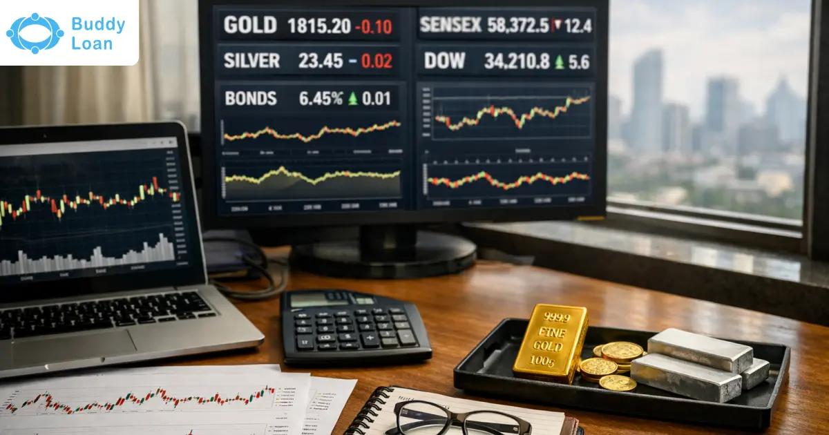 Bullion analyst desk with gold bars and market tickers.