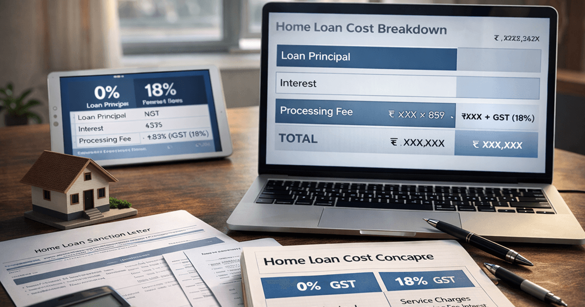 Home loan desk with GST breakdown showing 18% tax on processing fees