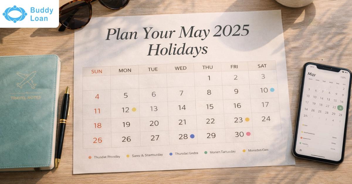 May holiday calendar on a wooden desk with travel notes.