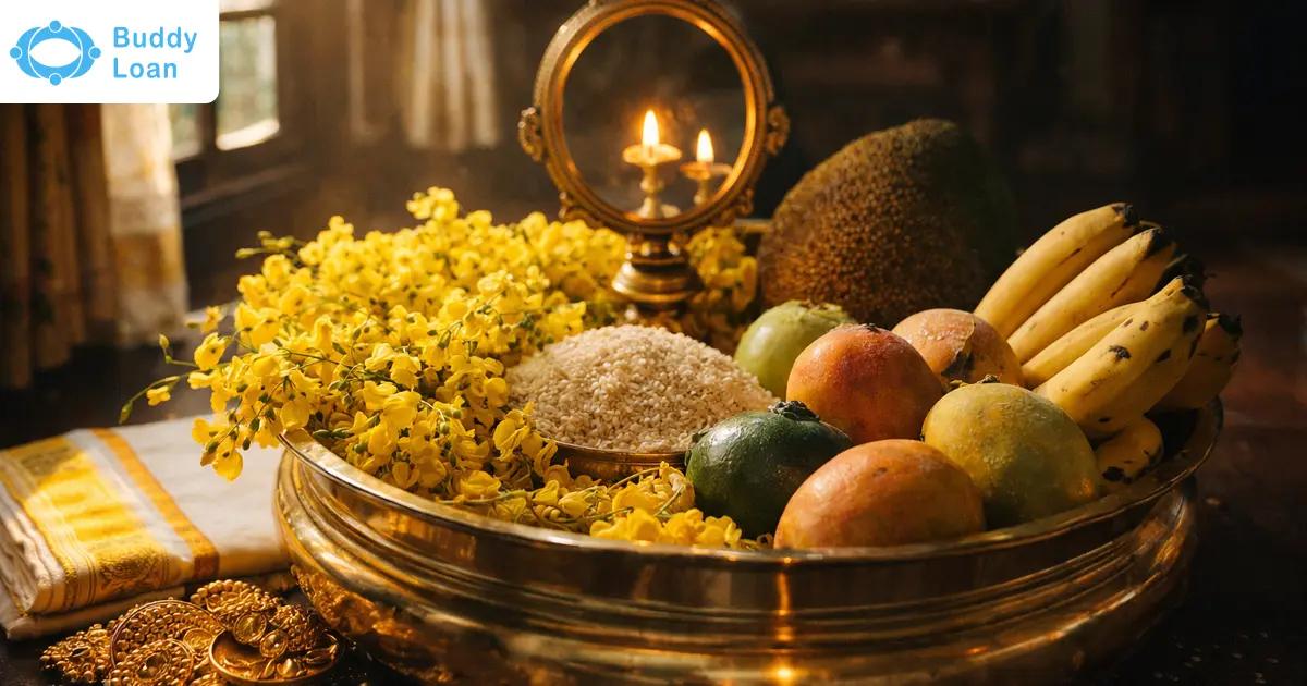 Vishu 2026 Vishukkani arrangement with flowers, fruits and lamp