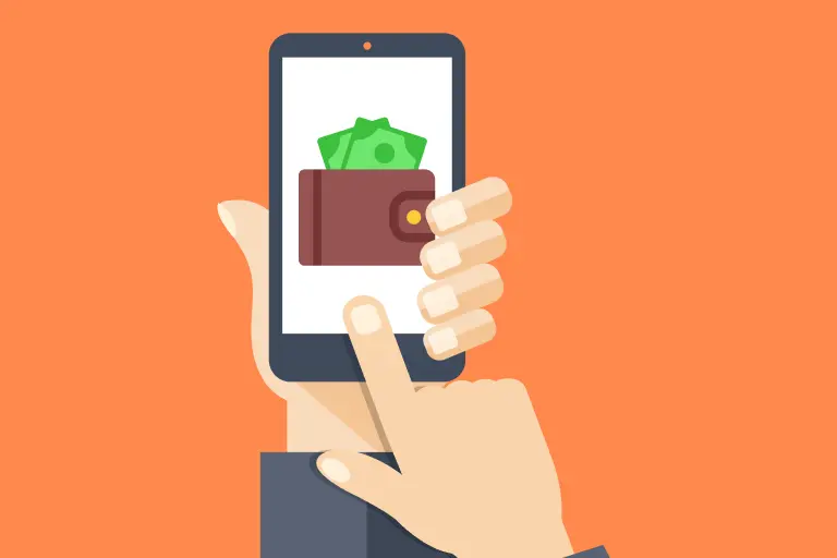 Person holding smartphone displaying wallet with money on screen shows to check account balance in Bank of India via Mobile App