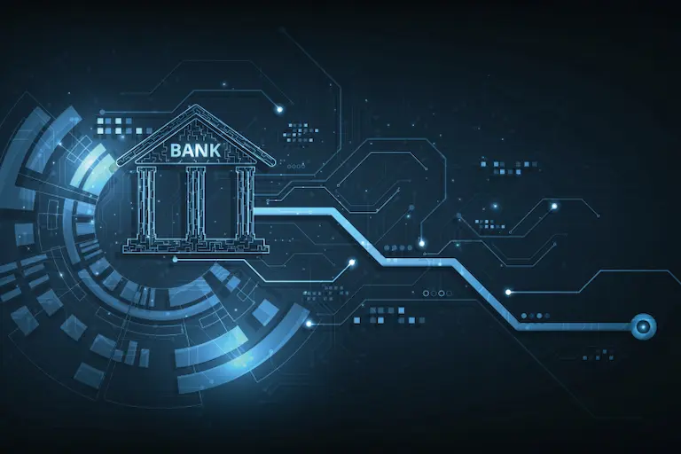 Modern bank structure on digital board, representing digital banking services means private banks roles and responsibility
