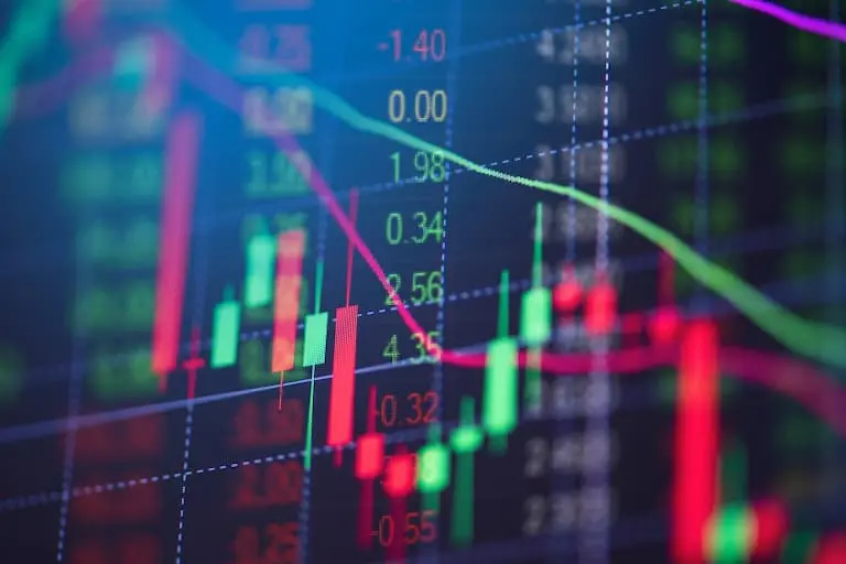 Colorful lines on stock market chart showing fluctuations in prices for trading holiday 