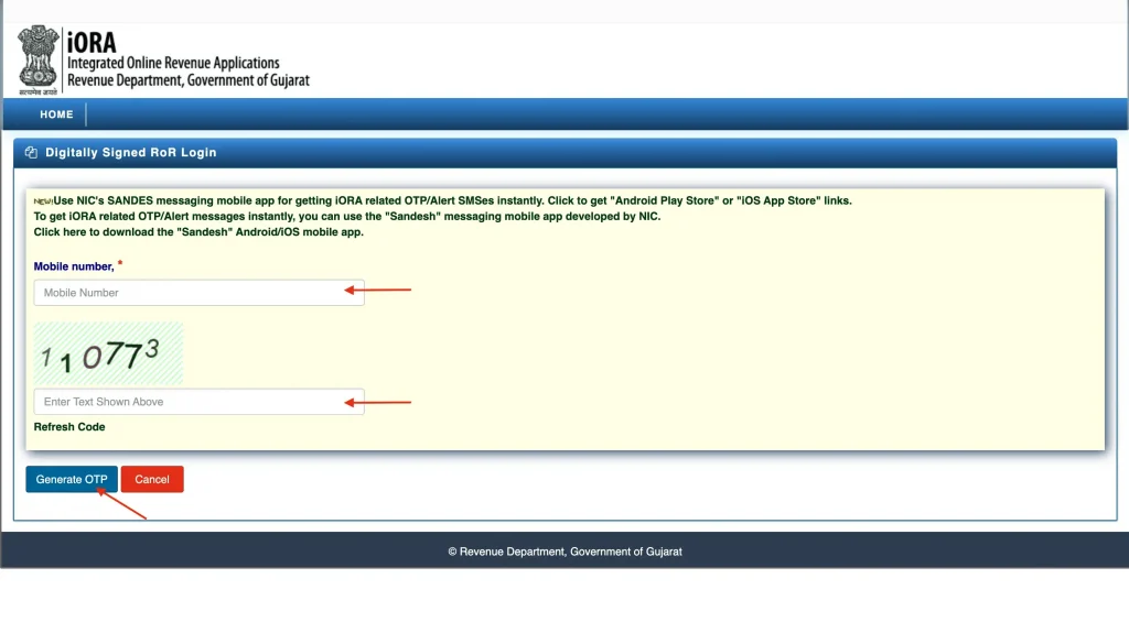 Digitally Signed AnyRoR Gujarat Enter number for OTP verification Digitally Signed AnyRoR Gujarat Enter Mobile Number for OTP Verification in Field